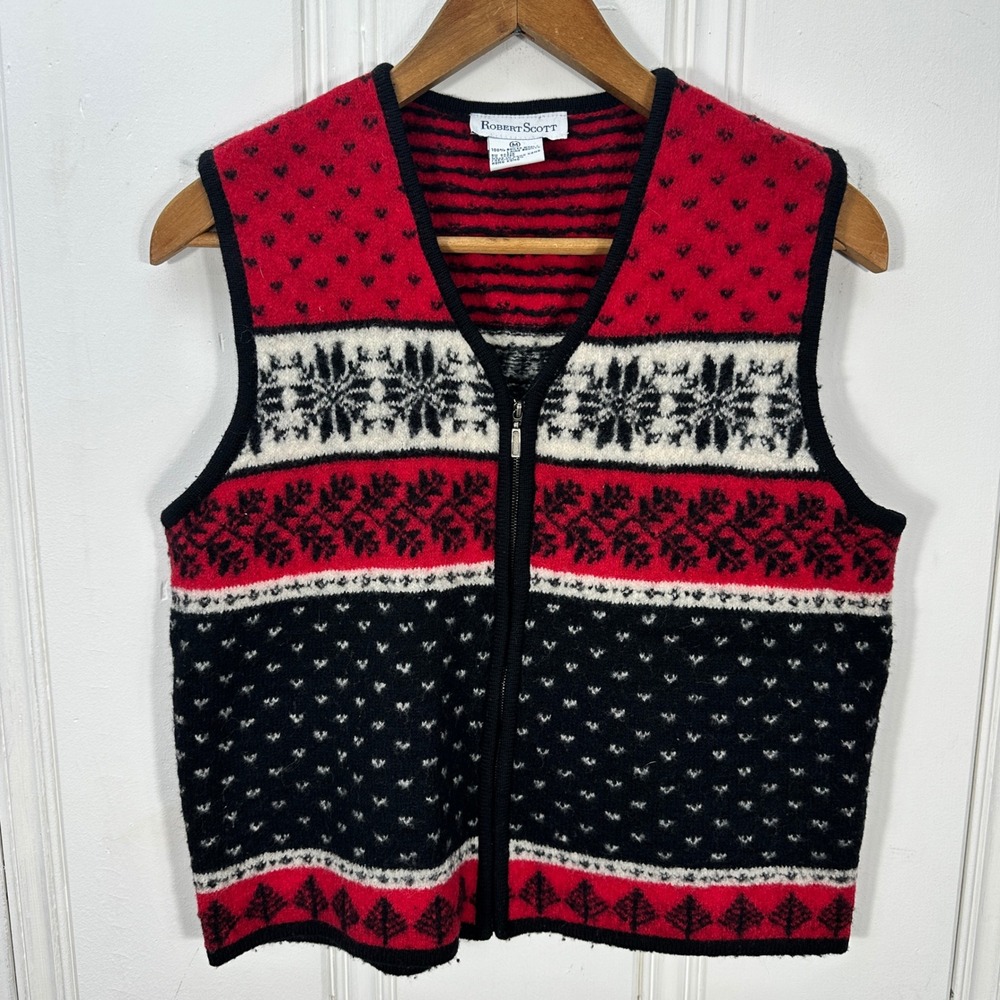 Vintage 90s Robert Scott Boiled Wool Sweater Vest Fair Isle Nordic Zip Front M